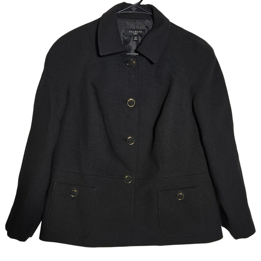 Talbots Black Wool Blend Button Blazer Jacket 14P Petite Business Office Work